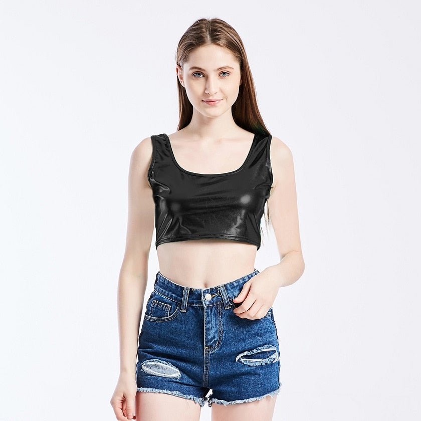 Shiny Women Metallic Rave Dance Festival Clubwear Crop Tank Tops Short Vest Summer Sleeveless Scoop Neck Holographic Top