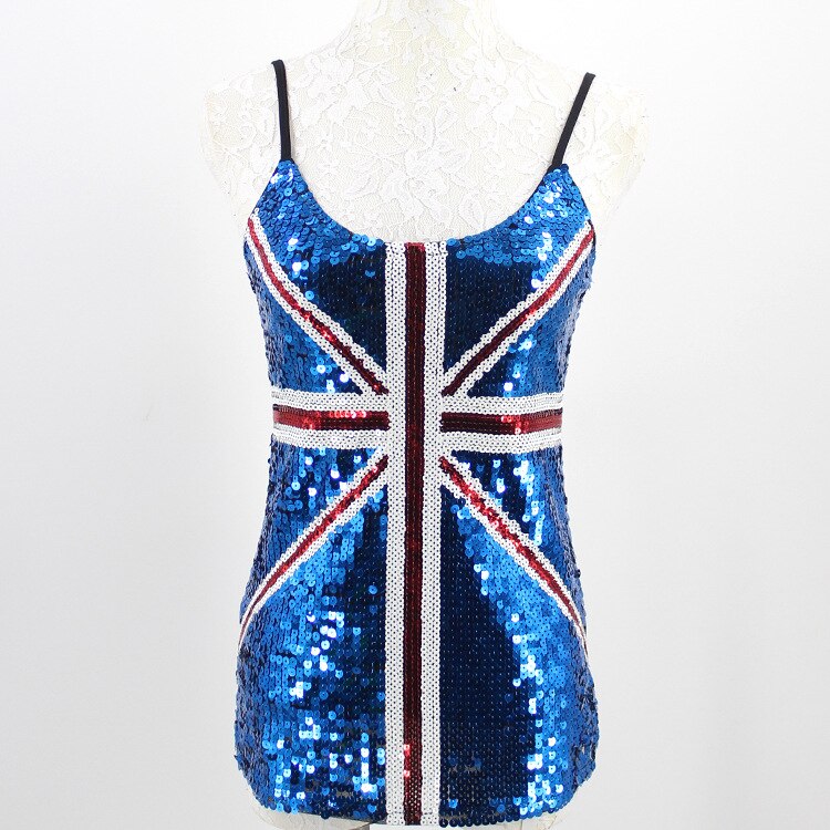 Blue Union Jack England Flag Bling Sequined Ladies Top Party Gift Costumes Sexy Club Adjustable Strap Sequin Cami Top