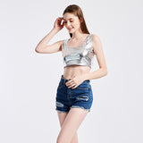 Shiny Women Metallic Rave Dance Festival Clubwear Crop Tank Tops Short Vest Summer Sleeveless Scoop Neck Holographic Top