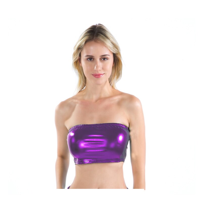 Metallic Strapless Bandeau Tube Crop Tops Shiny Stretchy Rave Festival Holographic Tank Top Bra Clubwear