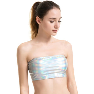 Metallic Strapless Bandeau Tube Crop Tops Shiny Stretchy Rave Festival Holographic Tank Top Bra Clubwear