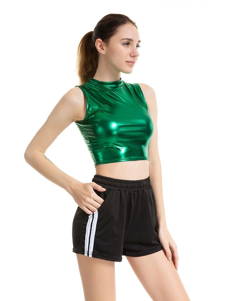 Shiny Metallic Liquid Turtleneck Crop Top Vest Sleeveless Wet Look Tank Tops Party Clubwear for Raves Festivals