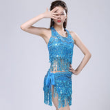 Sequin Fringe Cami Top U-Neck Halter Cold Shoulder Back Lace-Up Crop Top Club Party Dance Performance Outfits