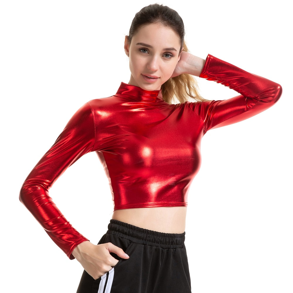 Metallic Liquid Turtleneck Long Sleeve Crop Top for Rave Club Dance Wet Look Short Holographic T-shirt Cropped Top