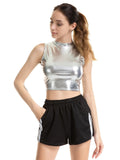Shiny Metallic Liquid Turtleneck Crop Top Vest Sleeveless Wet Look Tank Tops Party Clubwear for Raves Festivals