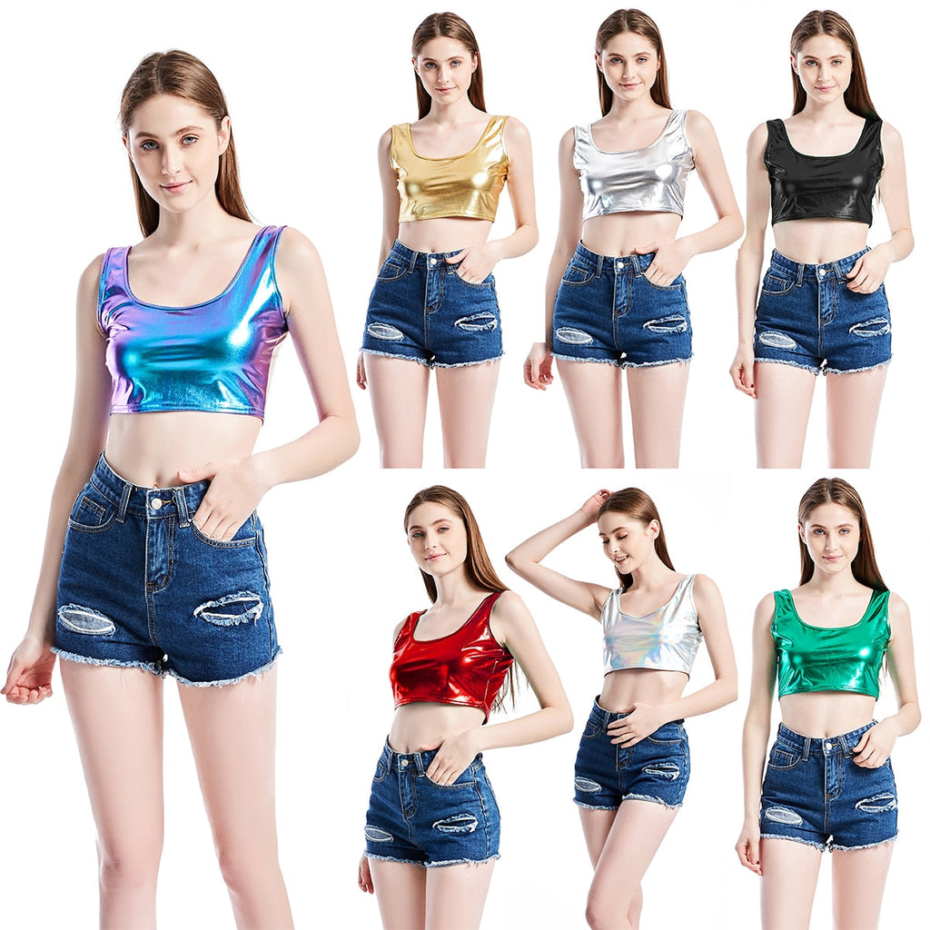 Shiny Women Metallic Rave Dance Festival Clubwear Crop Tank Tops Short Vest Summer Sleeveless Scoop Neck Holographic Top