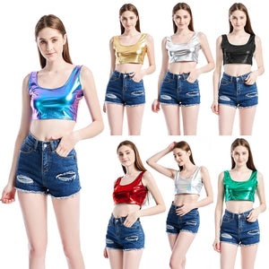 Shiny Women Metallic Rave Dance Festival Clubwear Crop Tank Tops Short Vest Summer Sleeveless Scoop Neck Holographic Top
