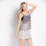 Perspective Mesh Crop Runway O-Neck Sleeveless Short Beaded Sequin Tank Top Party Club Gauze Embroidery Top