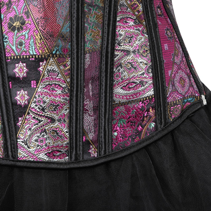 Women Victorian showgirl Gothic Corset Vest with Bubble Skirt Renaissance Brocade Lace Up Strap Purple Corset Top Dress Set
