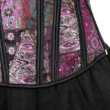 Women Victorian showgirl Gothic Corset Vest with Bubble Skirt Renaissance Brocade Lace Up Strap Purple Corset Top Dress Set