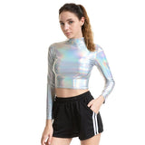 Metallic Liquid Turtleneck Long Sleeve Crop Top for Rave Club Dance Wet Look Short Holographic T-shirt Cropped Top