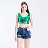 Shiny Women Metallic Rave Dance Festival Clubwear Crop Tank Tops Short Vest Summer Sleeveless Scoop Neck Holographic Top