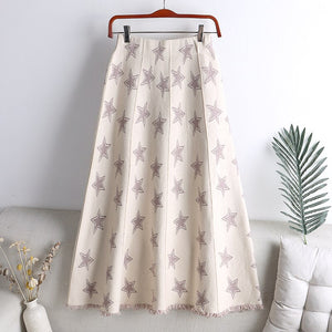 Contrast Color Star Pattern Casual Elastic High Waist Frayed Hem A Line Knit Midi Skirt