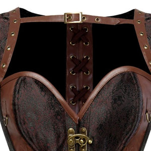 Women Steampunk Gothic Vintage Pu Leather Corset Bustier With Jacket Halter Overbust Corset Lingerie Top Pirate Costume