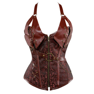 Women Steampunk Faux Leather Corset Burlesque Chains Zipper Vintage Gothic Floral Halter Overbust Corsets Bustiers Plus Size