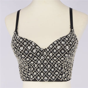 Sequins Beaded Top Short Sexy Push Up Chest Nightclub Party Crop Top Off Shoulder Camis With Built In Bra
