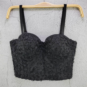 Lace Flowers Short Sexy Crop Top Women Nightclub Cami Tops With Built In Bra Push Up Bustier Corset