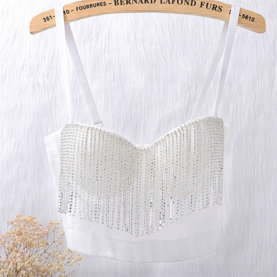 Crop Top With Built In Bra Short Sexy Beading Tassel Rhinestones Tops Push Up Bralette Solid Nightclub Camis