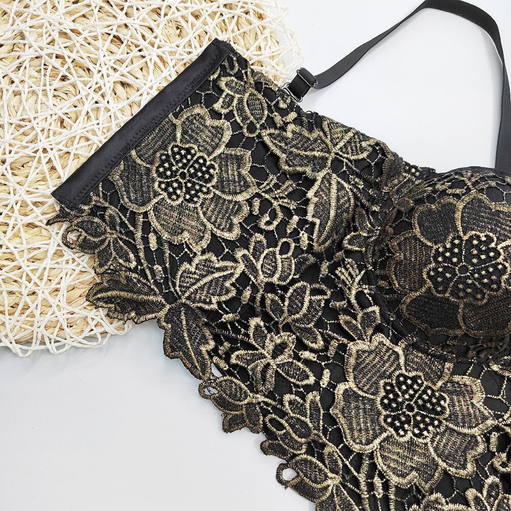 Crop Top Bronzing Lace Sexy Corset Party Cups Short Off Shoulder Women Camis Cropped Built In Bra