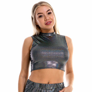 Shiny Holographic Metallic Tank Tops Vest Sexy Slim Turtleneck Sleeveless Crop Top Women Cropped Tops For Rave Club Dance
