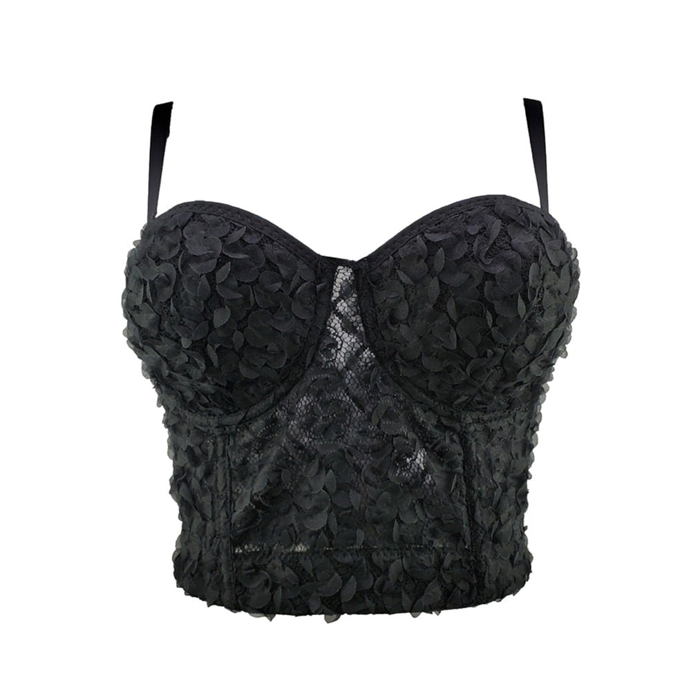 Lace Flowers Short Sexy Crop Top Women Nightclub Cami Tops With Built In Bra Push Up Bustier Corset