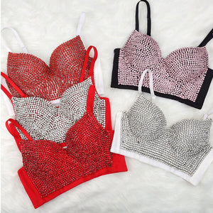 Rhinestone Sexy Top Nightclub Shines Crop Top Women Off Shoulder Camis Tops With Built In Bra Push Up Bralette