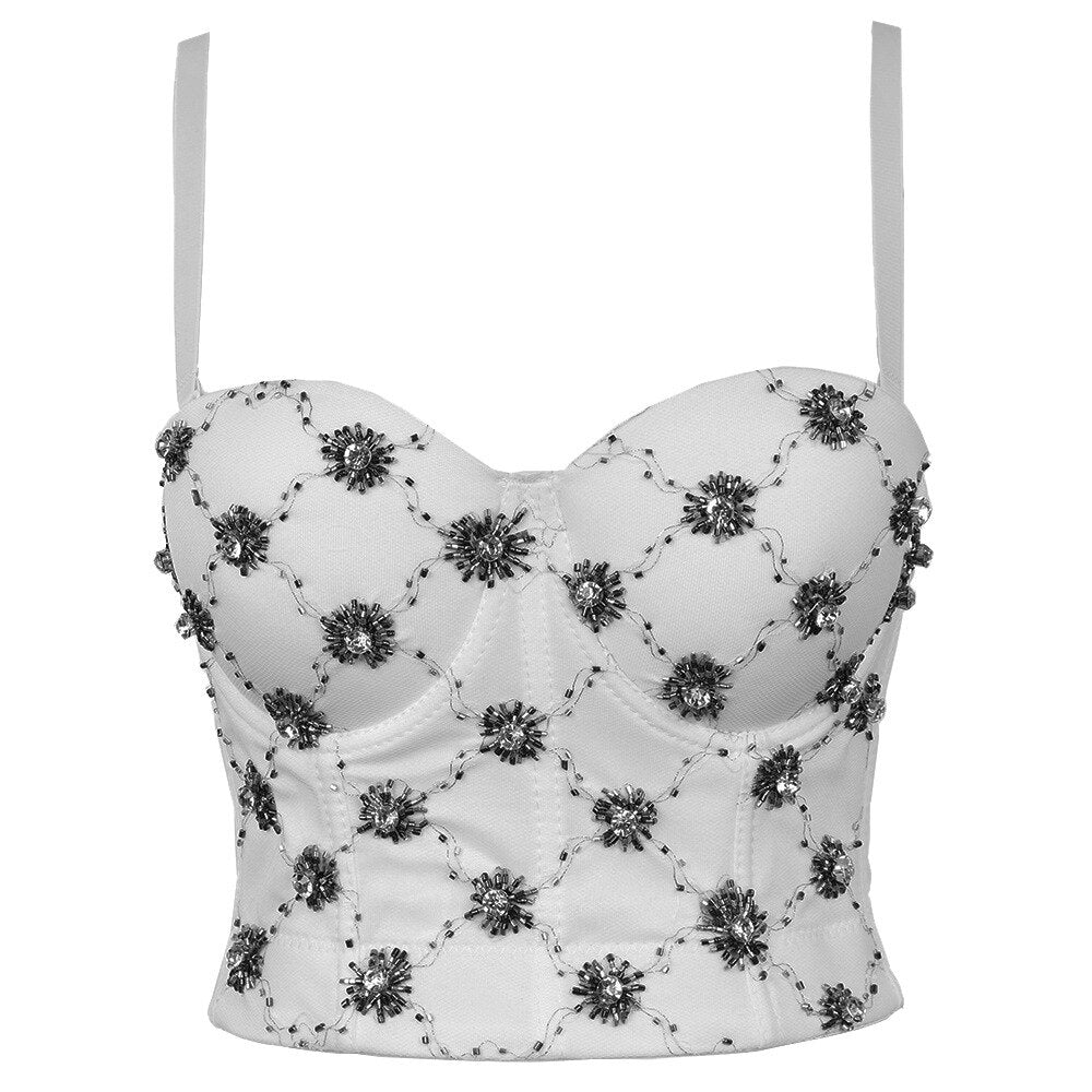 Sexy Beaded Rhinestone Women Camis Slim Cropped Corset Crop Top To Wear Out Push Up Bustier Bra