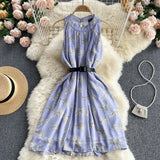 Beach Chiffon Floral Summer Dress Round Neck Sleeveless Casual Mini Dress With Belt