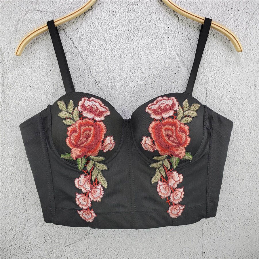 Sexy Crop Top With Built In Bra Full Cup Floral Embroidered Top Fairy Women Off Shoulder Slim Camis Push Up Bralette