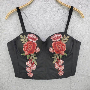 Sexy Crop Top With Built In Bra Full Cup Floral Embroidered Top Fairy Women Off Shoulder Slim Camis Push Up Bralette