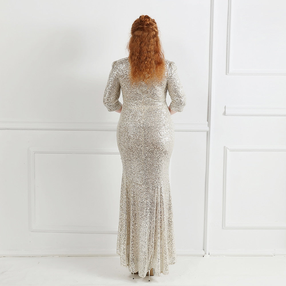 Plus Size Women Sexy V-Neck Party Maxi Dress Half Sleeve Prom Gold Sequin Ruffles Evening Dress