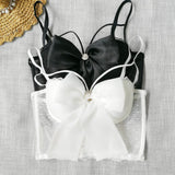 Bow See Through Lace Crop Top Summer Corset Sexy Short Women Camis In Bra Cropped Push Up Breast