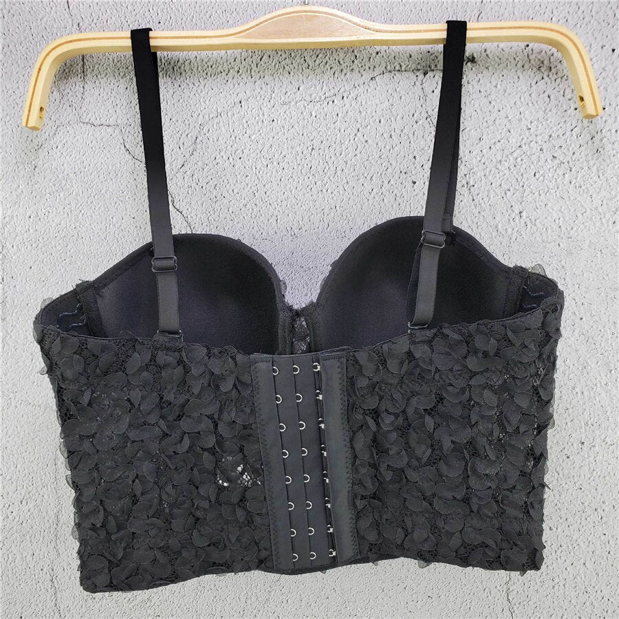 Lace Flowers Short Sexy Crop Top Women Nightclub Cami Tops With Built In Bra Push Up Bustier Corset