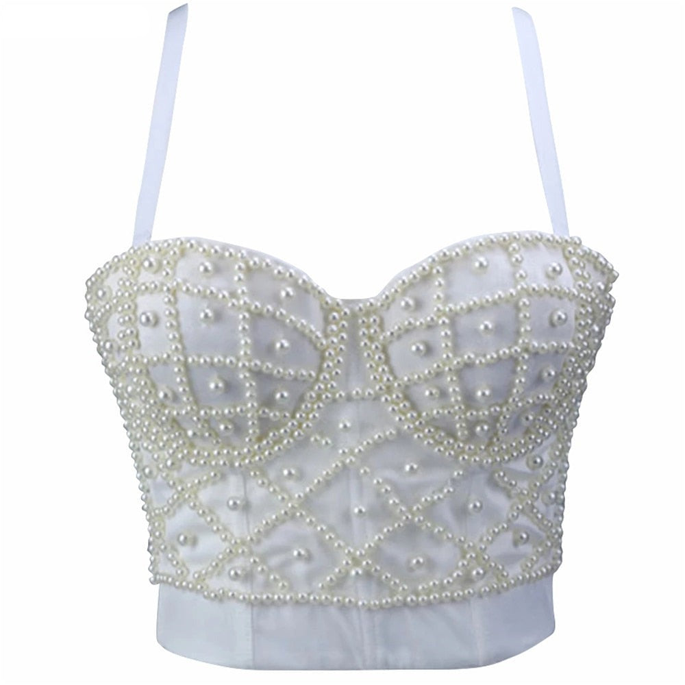 Crop Tops Spaghetti Strap Summer Top Off Shoulder Sexy Corset Beads Cami With Built In Bra Slim Clothes