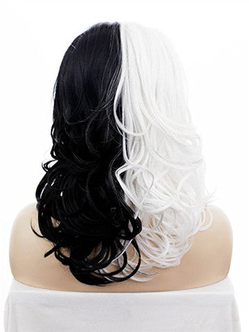 Middle Length Half Black Half White Queen Cosplay Wave Synthetic Lace Front Wig - FashionLoveHunter