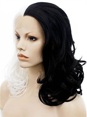 Middle Length Half Black Half White Queen Cosplay Wave Synthetic Lace Front Wig - FashionLoveHunter