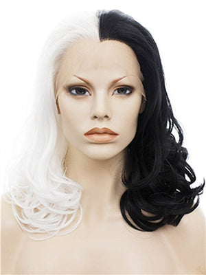 Middle Length Half Black Half White Queen Cosplay Wave Synthetic Lace Front Wig - FashionLoveHunter