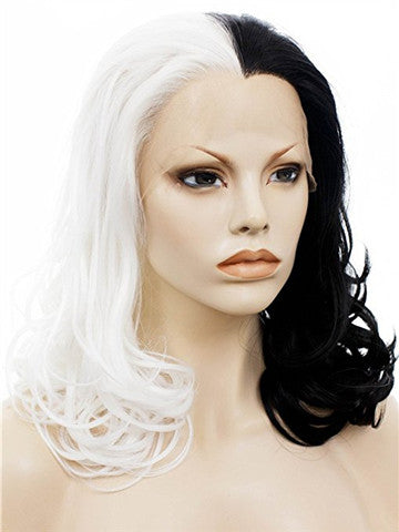 Middle Length Half Black Half White Queen Cosplay Wave Synthetic Lace Front Wig - FashionLoveHunter