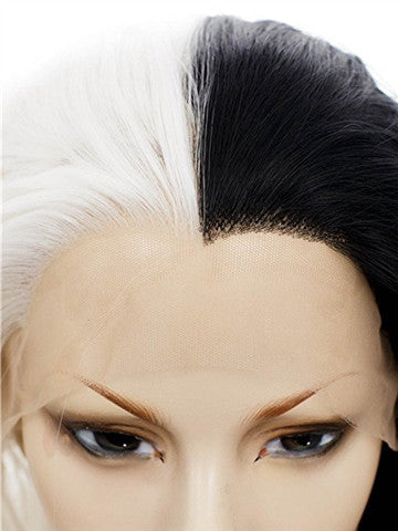 Middle Length Half Black Half White Queen Cosplay Wave Synthetic Lace Front Wig - FashionLoveHunter