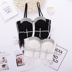 Rhinestone Crop Top With Cups Mesh Tassel Women Nightclub Show Sexy Push Up Bralette Bra Corset Slim Clothes