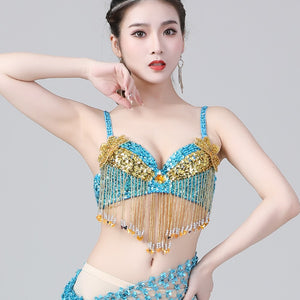 Belly Dance Rhinestone Indian Eastern Competition Sequin Beaded Fringe Shiny Crop Top Costume