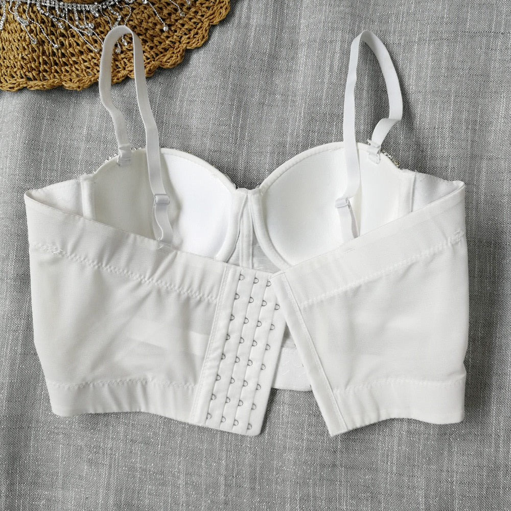 Crop Top With Built In Bra Rhinestone Mesh Summer Off Shoulder Sexy Corset Women Camis Cropped Cups