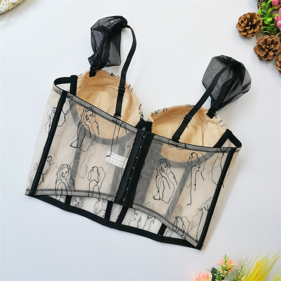 Sexy Crop Top To Wear Out Off Shoulder Mesh Women Cropped Top Corset Push Up Bustier Cami Removable Chest Pad