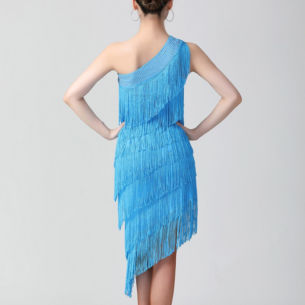 1920s Flapper Charleston Party Costumes Sexy One Shoulder Tiered Fringe Dress Latin Salsa Rumba Dance Dress