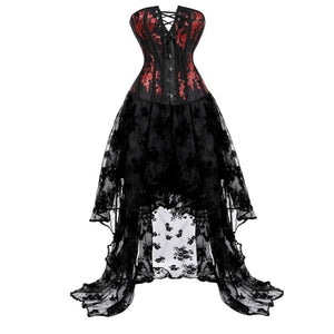Women Vintage Floral Corset Dress Plum Flower Lace Up Broacde Corset Top With Asymmetrical High Low Floral Skirt Set Plus Size