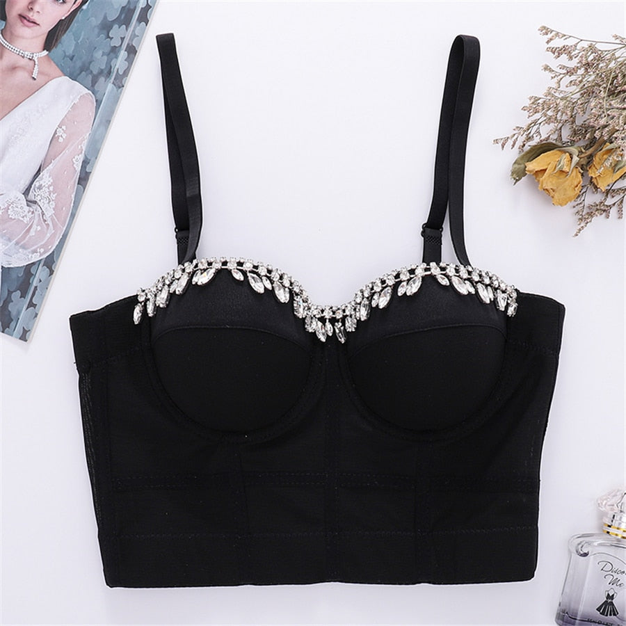 New Short Sexy Diamond Beading Crop Top Women Solid Camis Tops With Built In Bra Push Up Bralette