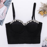 New Short Sexy Diamond Beading Crop Top Women Solid Camis Tops With Built In Bra Push Up Bralette