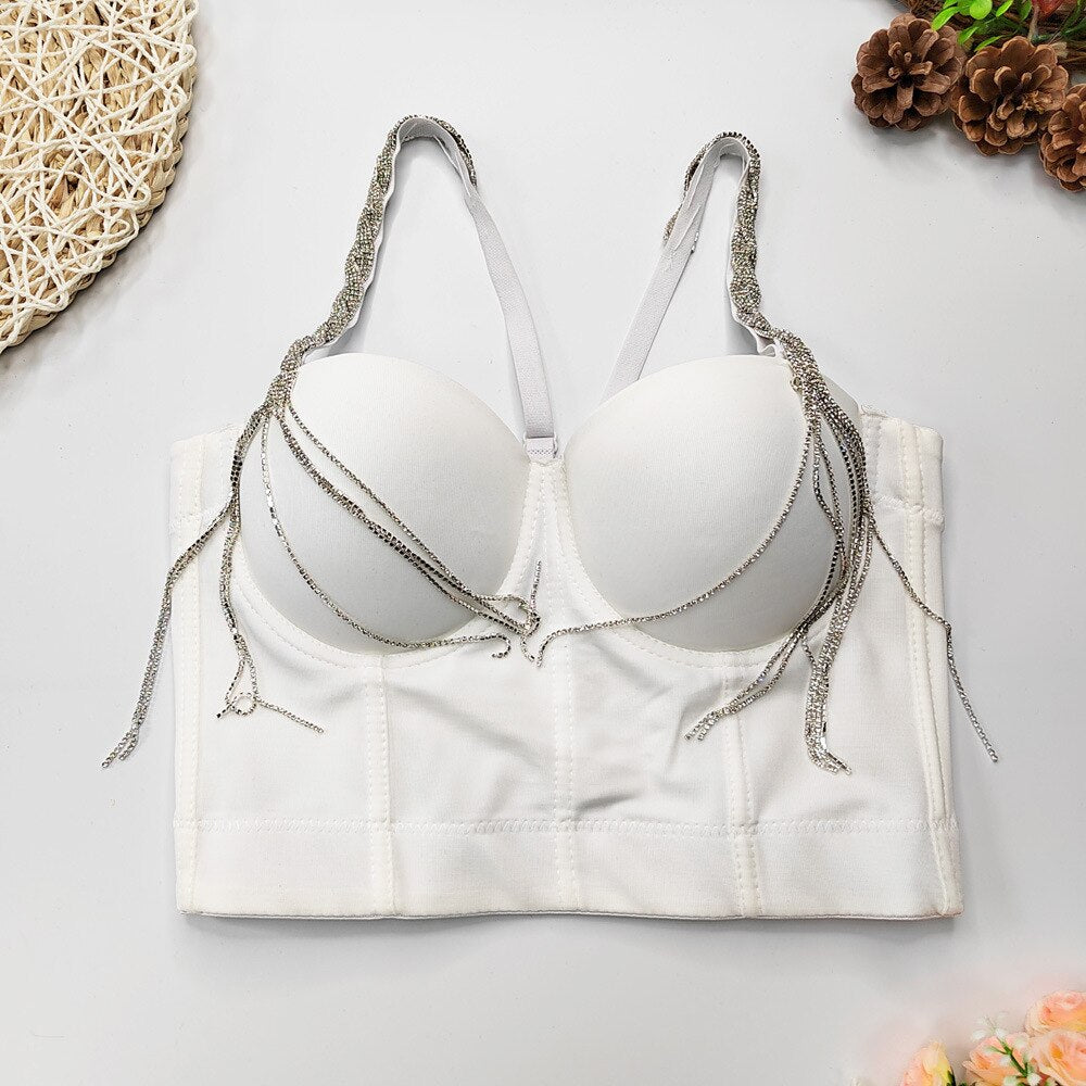 Sleeveless Crop Top With Cups Off Shoulder Strap Corset Sexy Dance Cropped Shine Lingerie Rhinestone Clothing