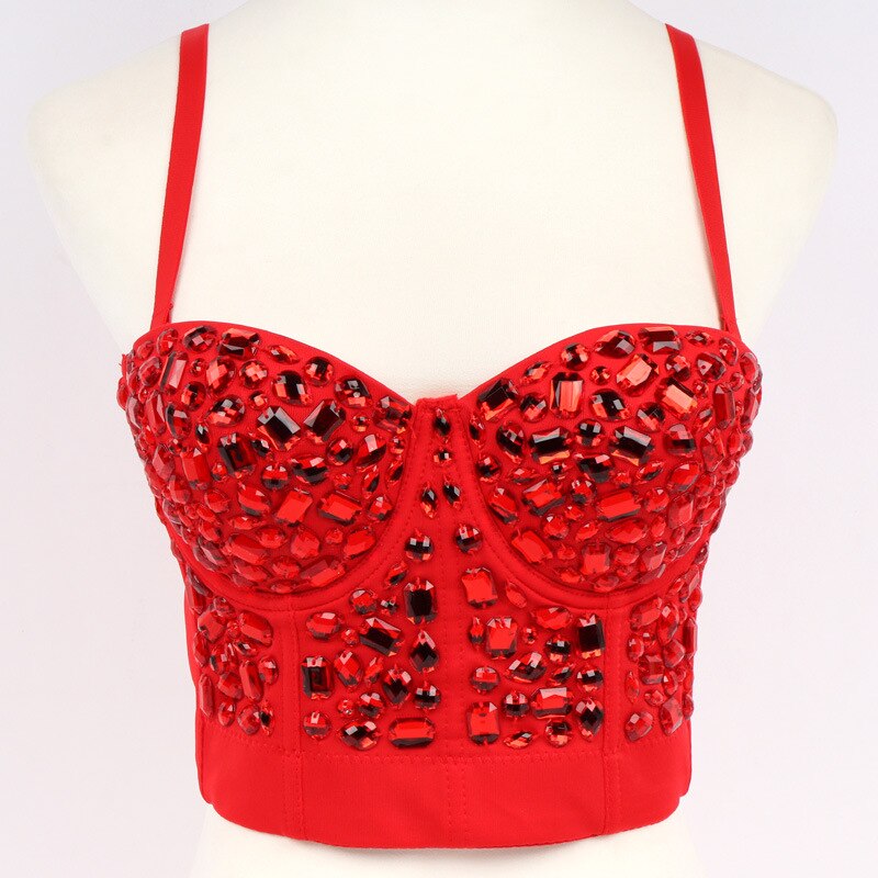 Crop Top With Built In Bra Acrylic Imitation Stones Push Up Sexy Corset Tops Performance Underwear Camisole
