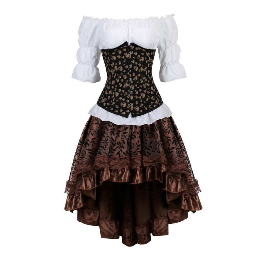 Gothic Skirt Set Underbust Corset Asymmetrical Floral Lace Skirt with Renaissance Blouse Three-Pieces Outfits Plus Size